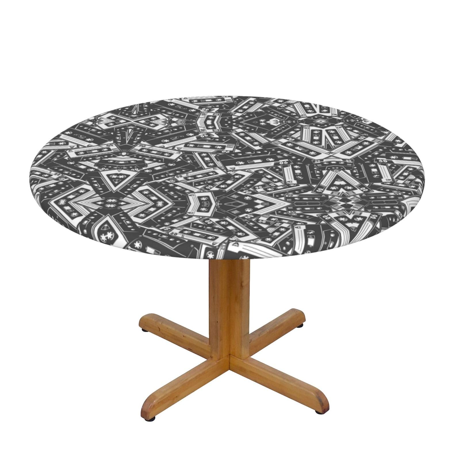 ESNAIUVCD Audiotape print Waterproof Round Tablecloth,Outdoor Table Cloth with Elastic Edged, Elastic Tablecloth Wipeable, Garden Table Cloth Suitable for sizes 90cm-140cm