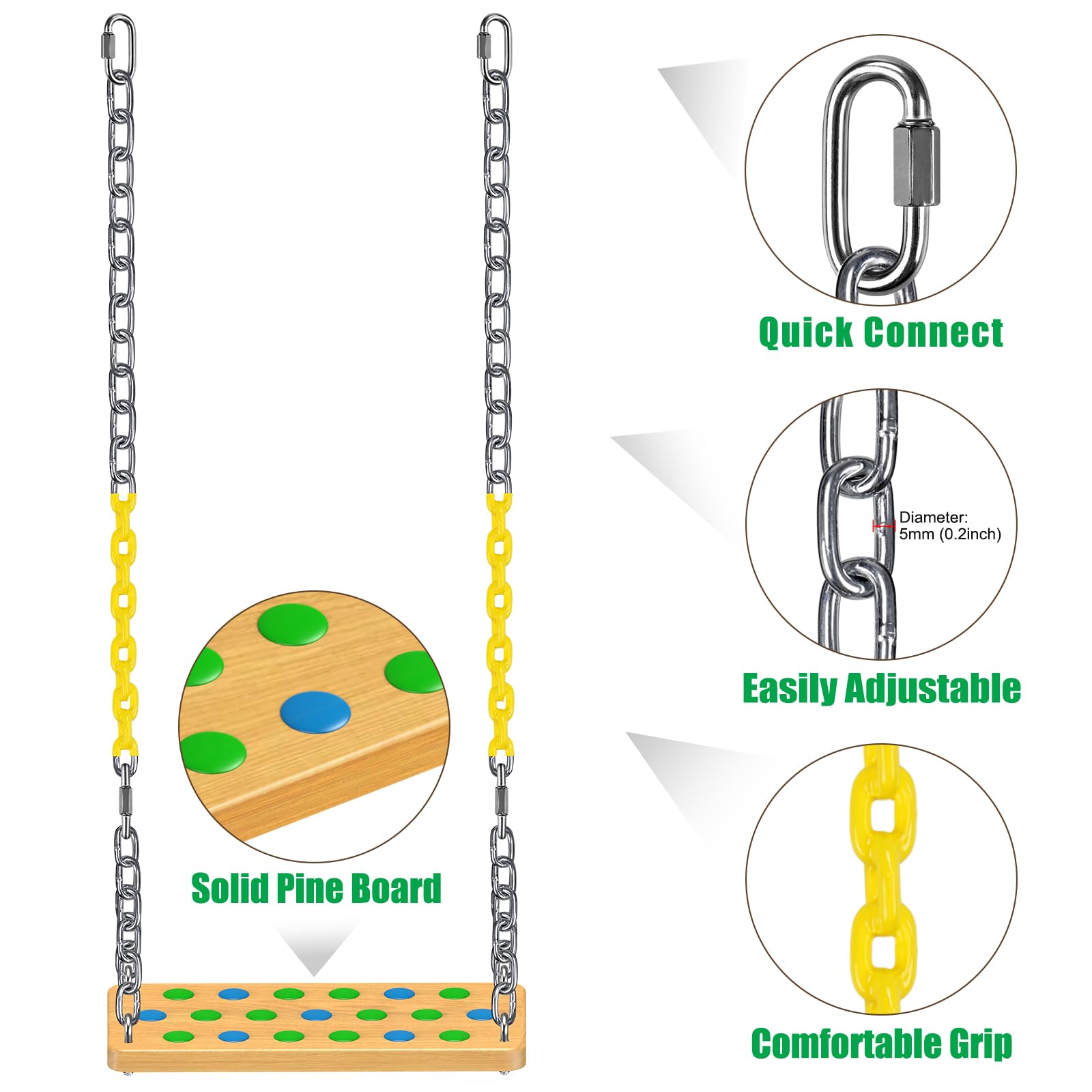 SELEWARE Sedile per altalena in legno per bambini e adulti, sedile piatto antiscivolo di ricambio con catena, set di altalene per parco giochi, accessori per altalena da giardino all'aperto