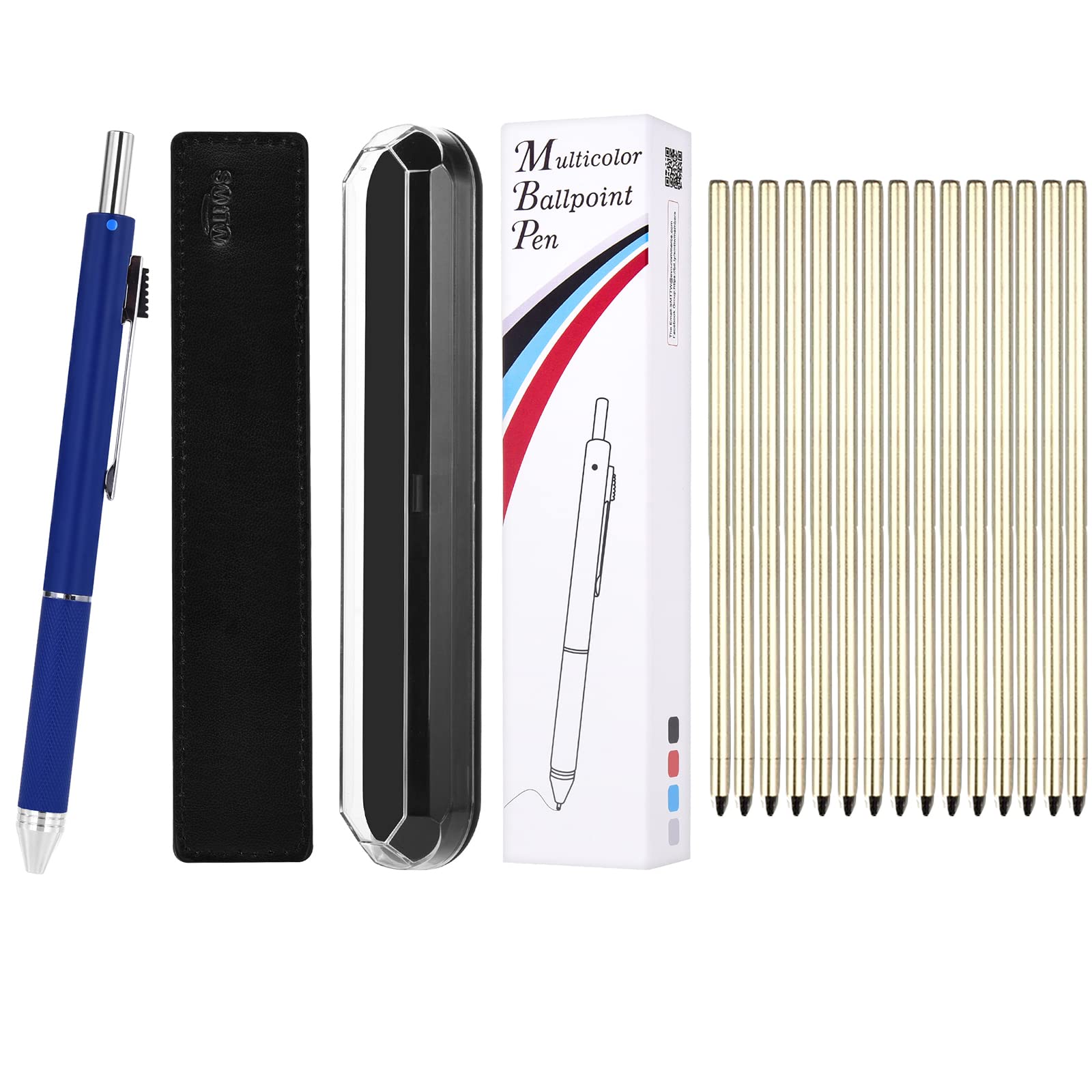 smttw 4-in-1Multicolor Pen,Mechanical Pencil&Black Red Blue Metal Pen,Multi Colored Pens in One with Portable Case,Refillable Ballpoint Pen with Gift Box,Ballpoint Pen with Ink Pen Refills(Blue)