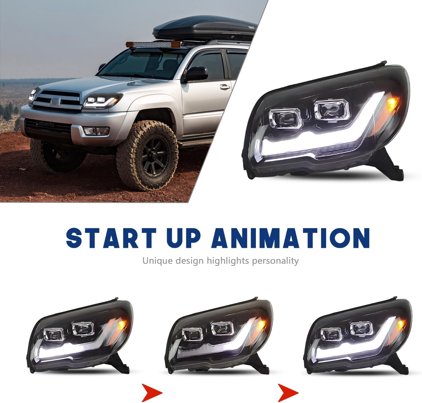 HCmotion LED Headlights For Toyota 4Runner 4th GEN 2003-2009,Front Lamp Assembly with Start Up Animation,Full LED with Sequential Turn Signal