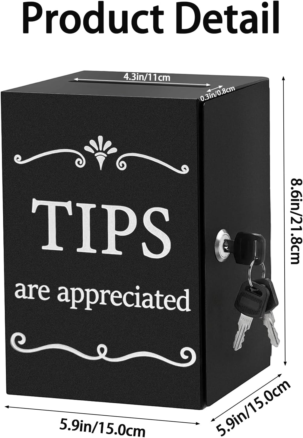 Metal Tip Jar with Slot and Lock, Safe Tip Box for Money, Black Donation Box Suggestion Boxes,Cash Money Storage Container for Bartender Musicians Waiter Barista(Large)