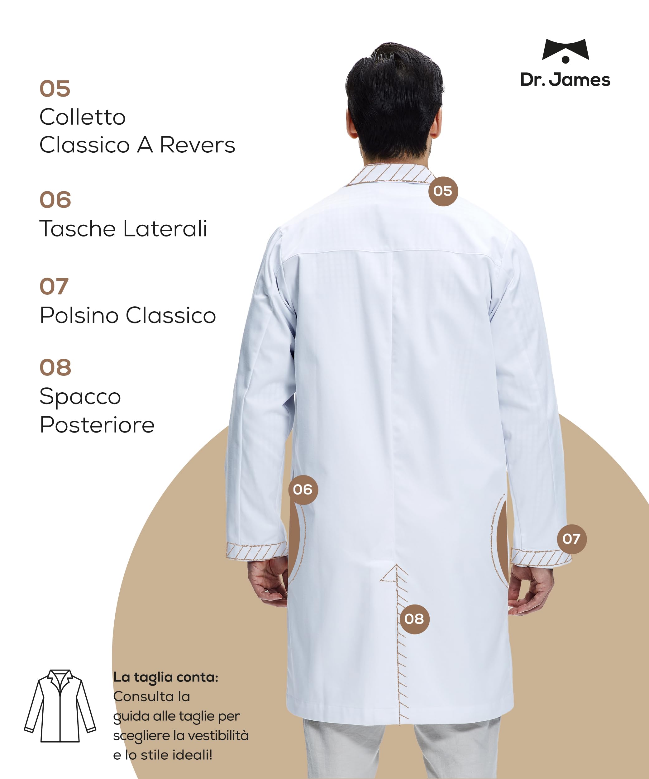 Dr. James Camice da Laboratorio Premium 100% Cotone Unisex Uomo e Donna, Vestibilità Classica, Chiusura con Bottoni a Pressione a Scomparsa, Tasche per Smartphone, Certificato OEKO-TEX