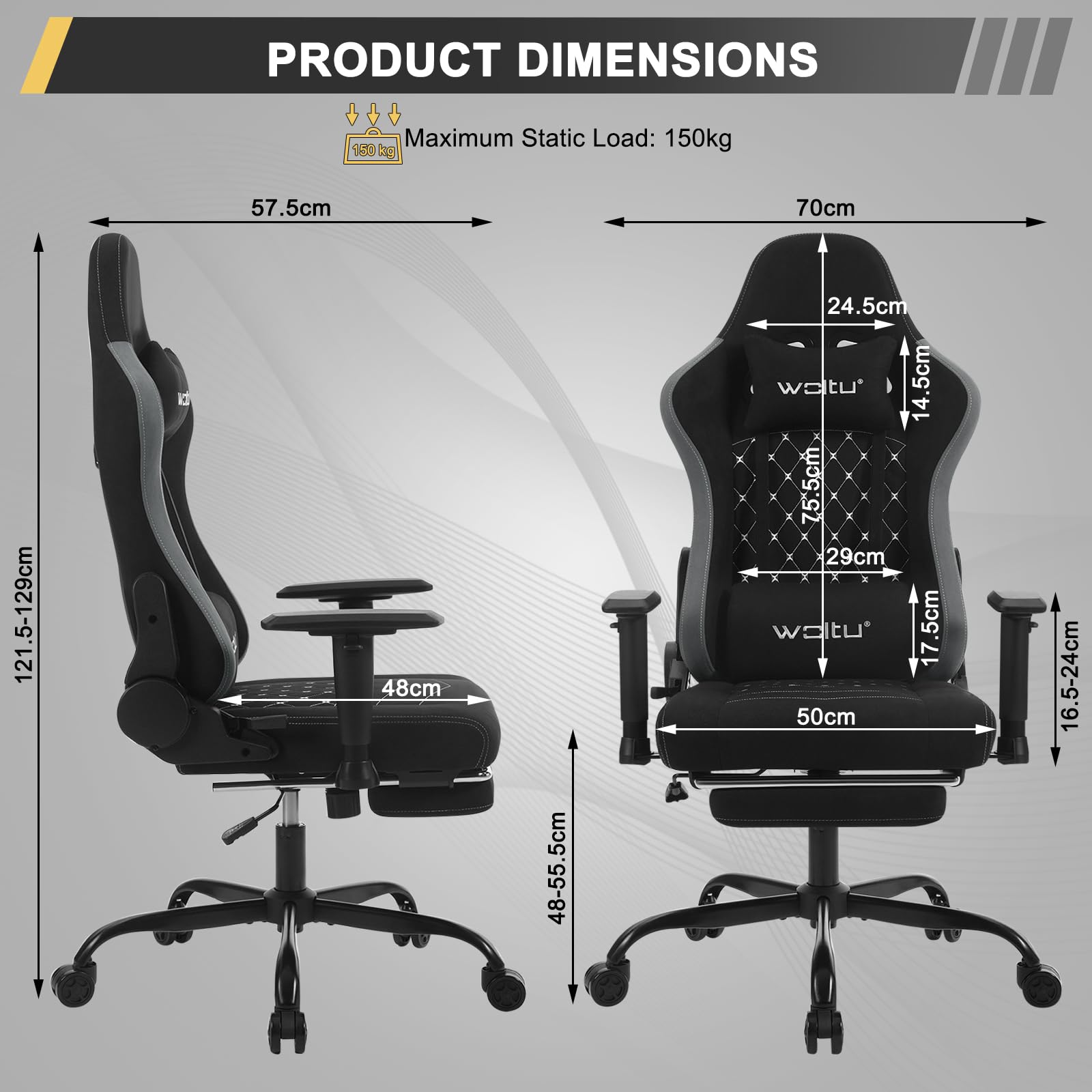 WOLTU Sedia Gaming con Massaggiatore, Poltrona Ufficio Ergonomica, Sedia da Scrivania reclinabile, Poggiatesta,Supporto Lombare, 150 kg, Tessuto tecnologico, Nero+Grigio