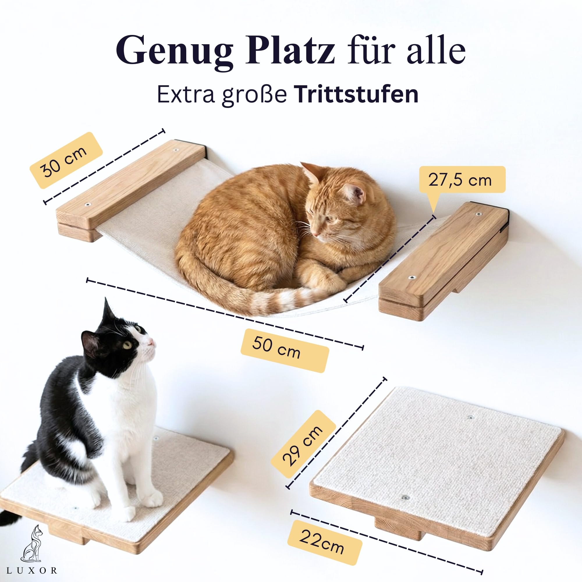 LUXOR Kletterwand Katzen Hängematte inkl. 2X Katzentreppe Wand & Befestigungsmaterial - Stabilität und Langlebigkeit Dank Massivholz und Stahlkonstruktion - mit kratzfestem Leinenstoff