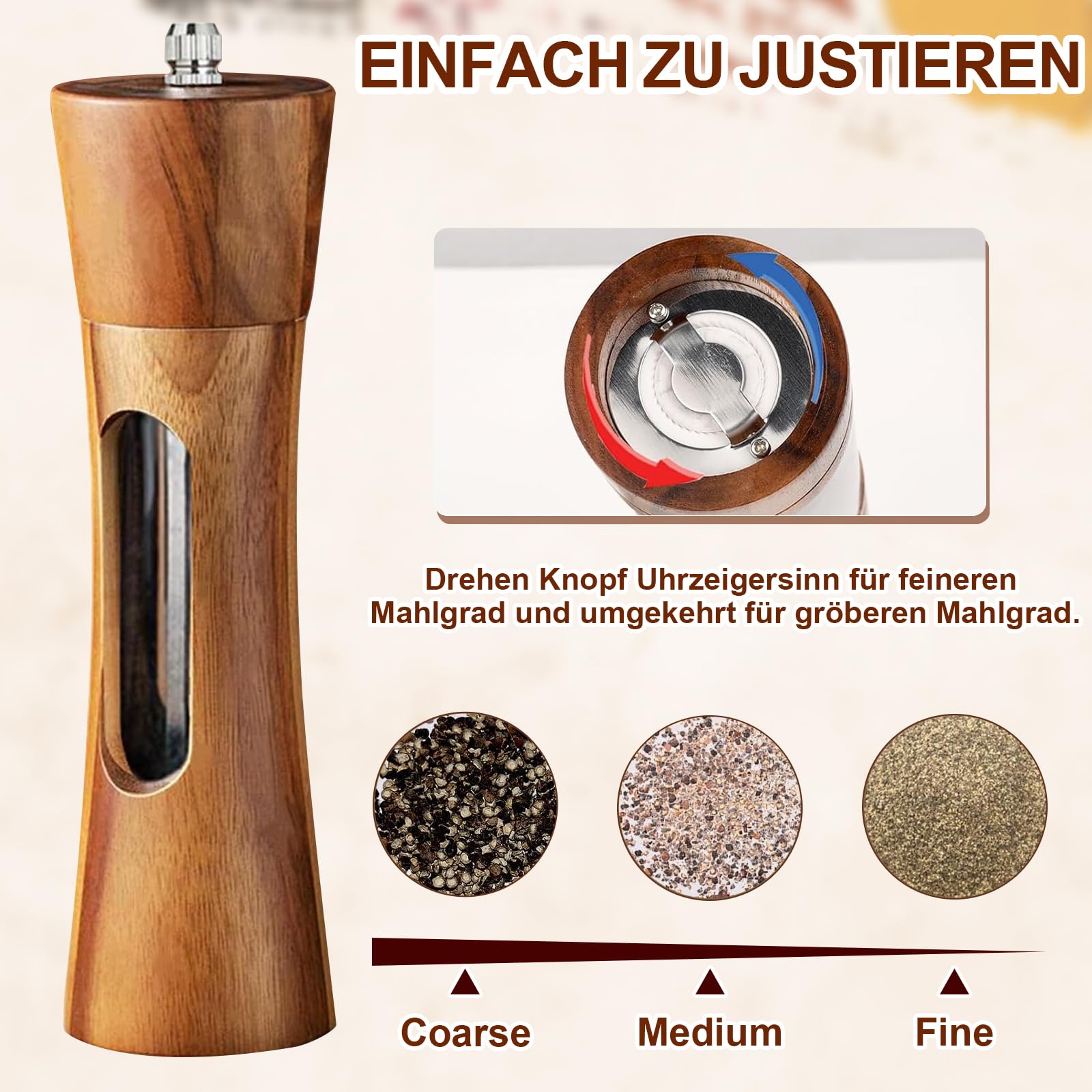 FOVHEE Zout- en pepermolen, houten set, kruidenmolen, handmatige pepermolen, zoutmolen, keramisch maalwerk, verstelbaar, peper en zoutmolen met onderzetter en vullepel, voor specerijen, peper, zout