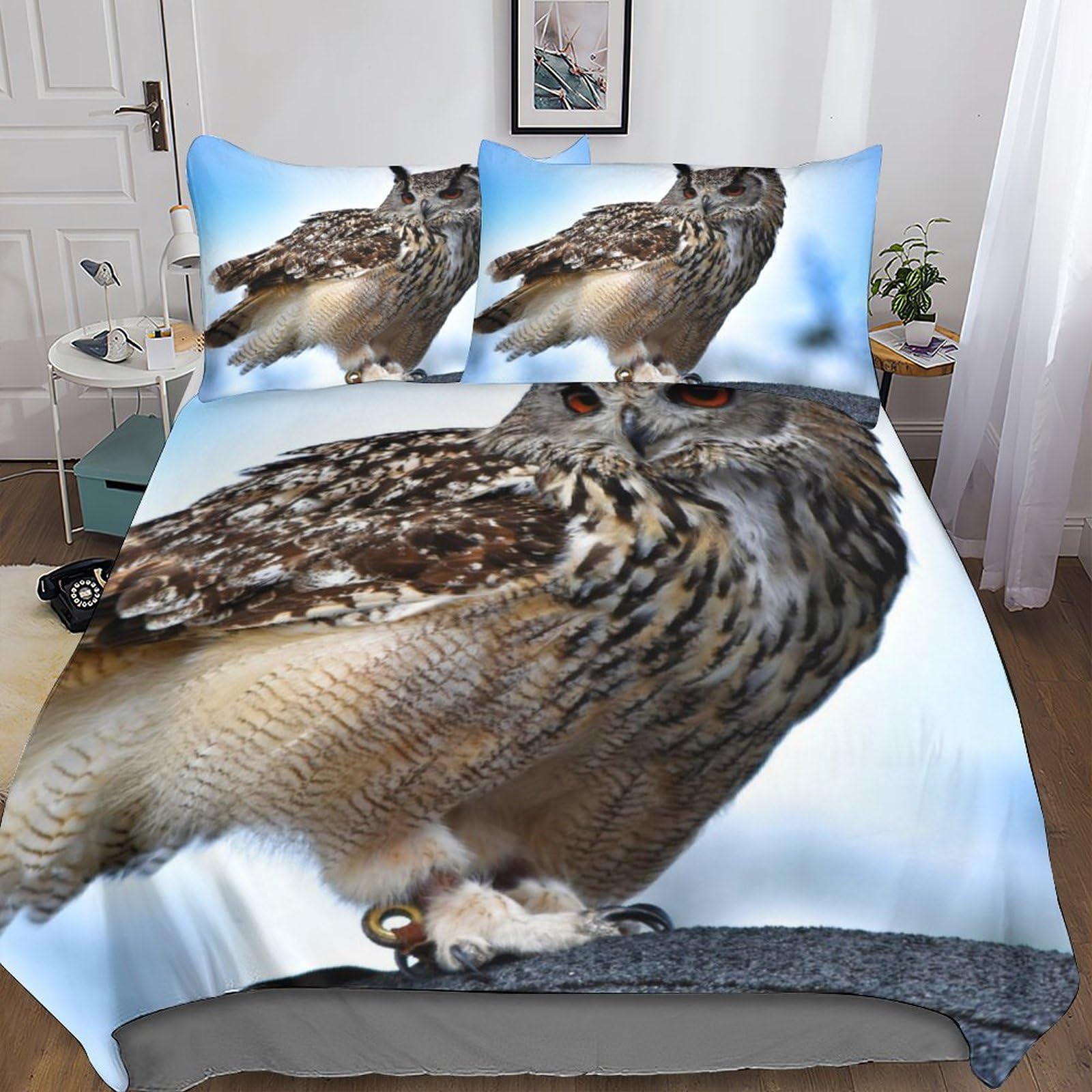 Ensemble de literie owl closeup en microfine avec taie d'oreiller et couvre-lit 3D adulte