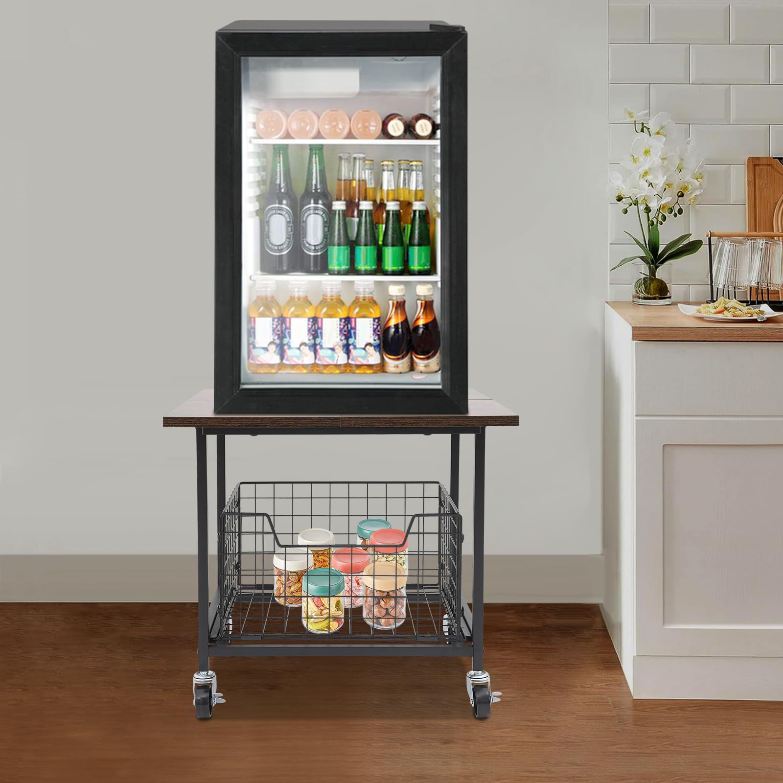 Mini soporte para nevera portátil resistente con ruedas y cesta de almacenamiento extensible, para hogar, oficina o dormitorio, hasta 150 kg (50 x 50 x 44,2 cm)