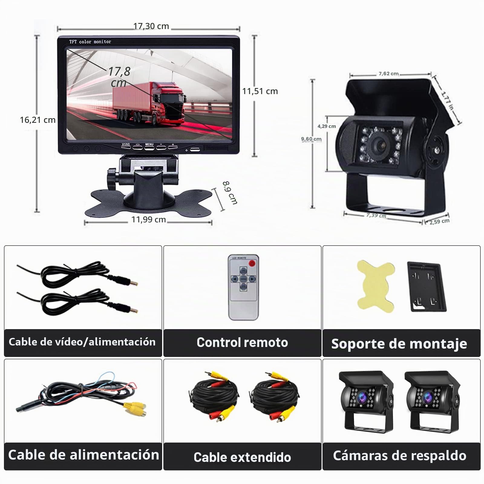 YYKJ Cámara Marcha Atrás para Coche, Cámara de Visión Trasera Impermeable IP68 con Visión Nocturna + Monitor de Visión Trasera de 4,3 Pulgadas y Cable de 33 pies para RV/Autobús/Camión/Remolque