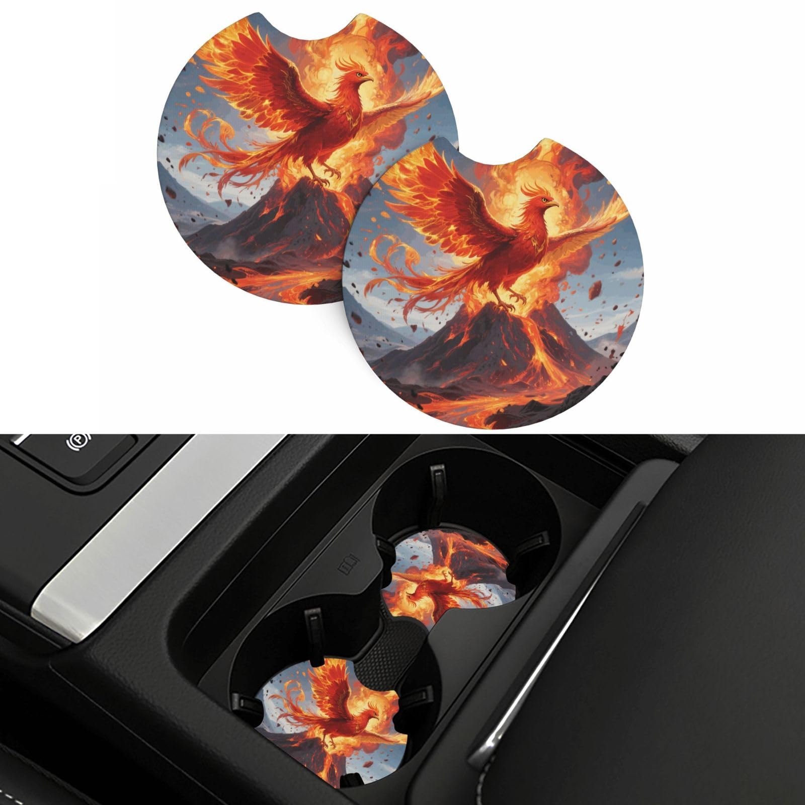 2 Pack Car Coasters,2.7" Universal Car Cup Holder Coasters Non-Slip Neoprene Cup Pad Mat Coaster Car Interior Accessories for Women Men Fire Phoenix