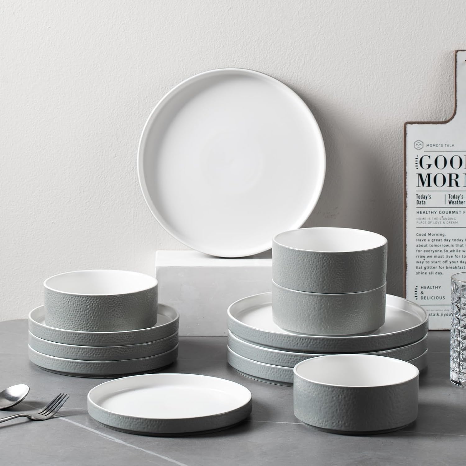 Vajilla para 4 personas, juego de vajilla de gres, 12 piezas, vajilla de porcelana con plato llano, plato de postre, cuencos de cereales, microondas y lavavajillas, resistente a los arañazos