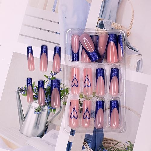 Miniatura 4 de Uñas postizas largas a presión, uñas postizas cuadradas moradas, uñas con pegamento con purpurina y diseños de corazón, uñas acrílicas adhesivas