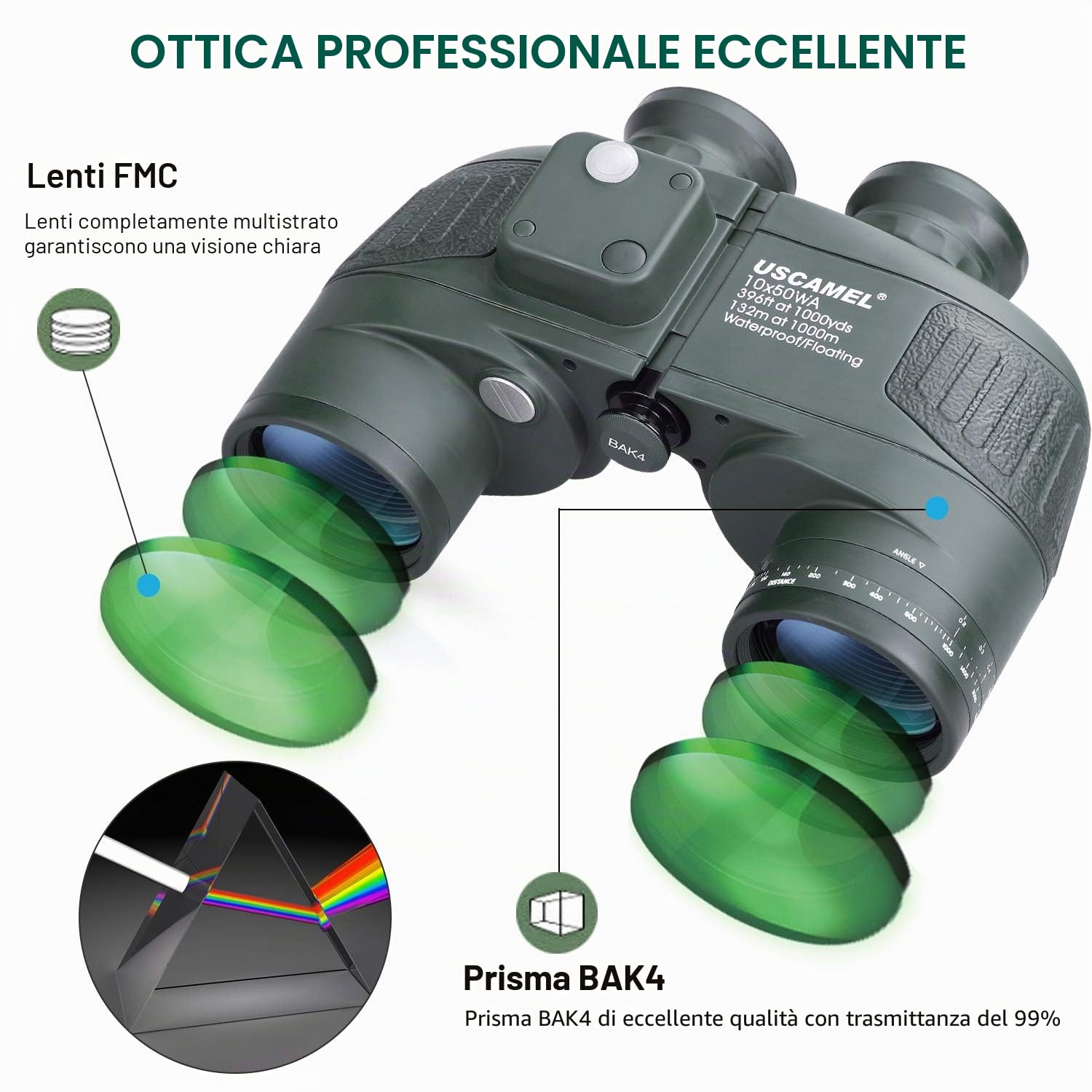 USCAMEL 10X50 Binocolo Marino per Adulti con Telemetro Bussola, Binocolo Marino per Adulti per Vela Nautica