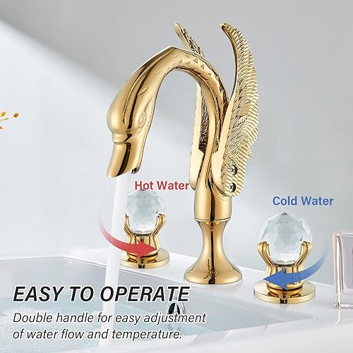 Miniatura 2 de Facuet de baño generalizado Cisne de oro grifo de lavabo de baño 3 agujeros 2 manija cristal baño vanidad grifos grifo moderno lavabo de arco alto