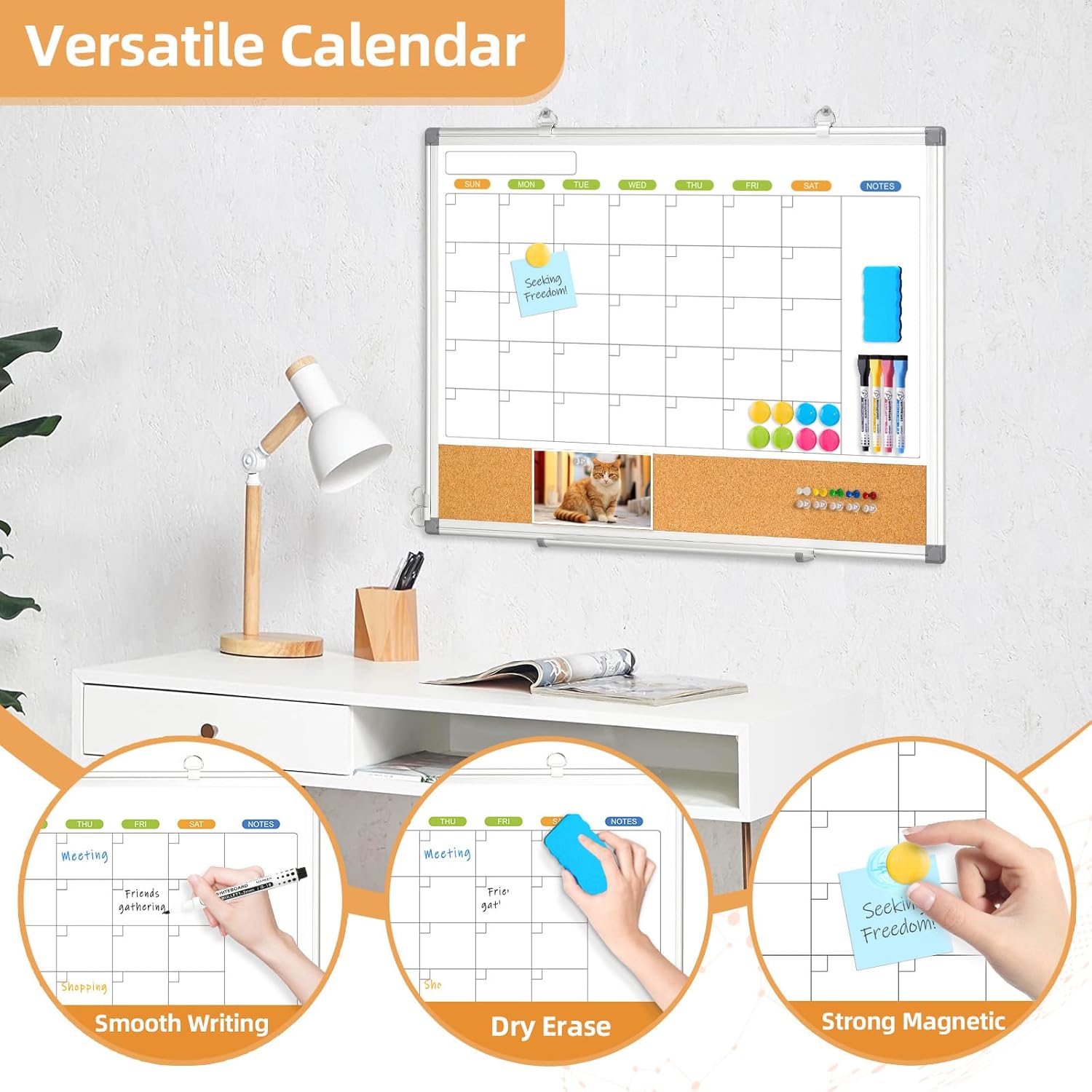 Dry Erase Calendar Whiteboard for Wall, WALGLASS 24" x 18" Double-sided Monthly Calendar White Board Cork Combo, Hanging Wall Mounted Bulletin Corkboards Silver Aluminum Frame for Home, Office, School