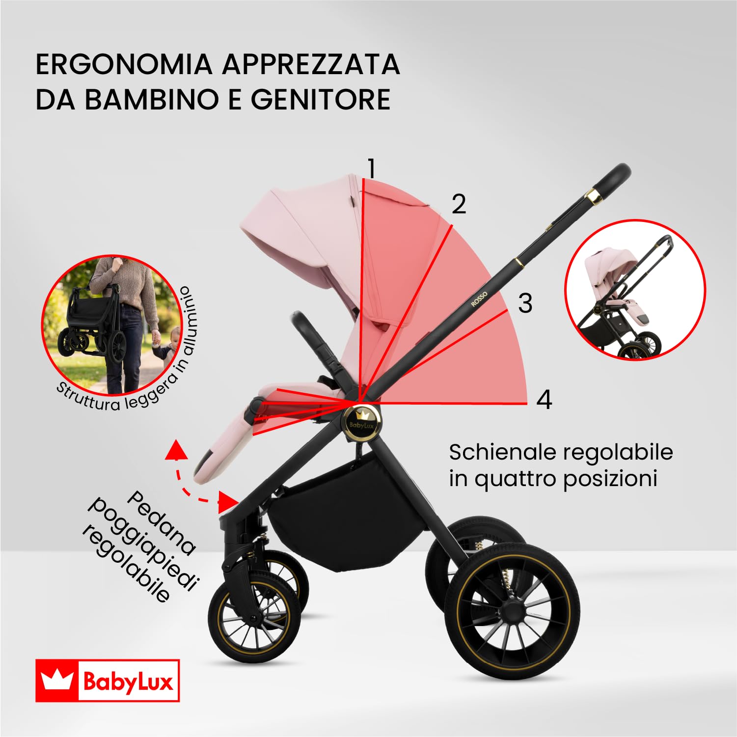 BabyLux® Passeggino 3in1 Rosso, Set Pieghevole di Passeggino Leggero Combinati con Navicella, Seggiolino per Sportivo, Marsupio I-Size, Borsa Fasciatoio e Altri Accessori, Protezione UV 50+