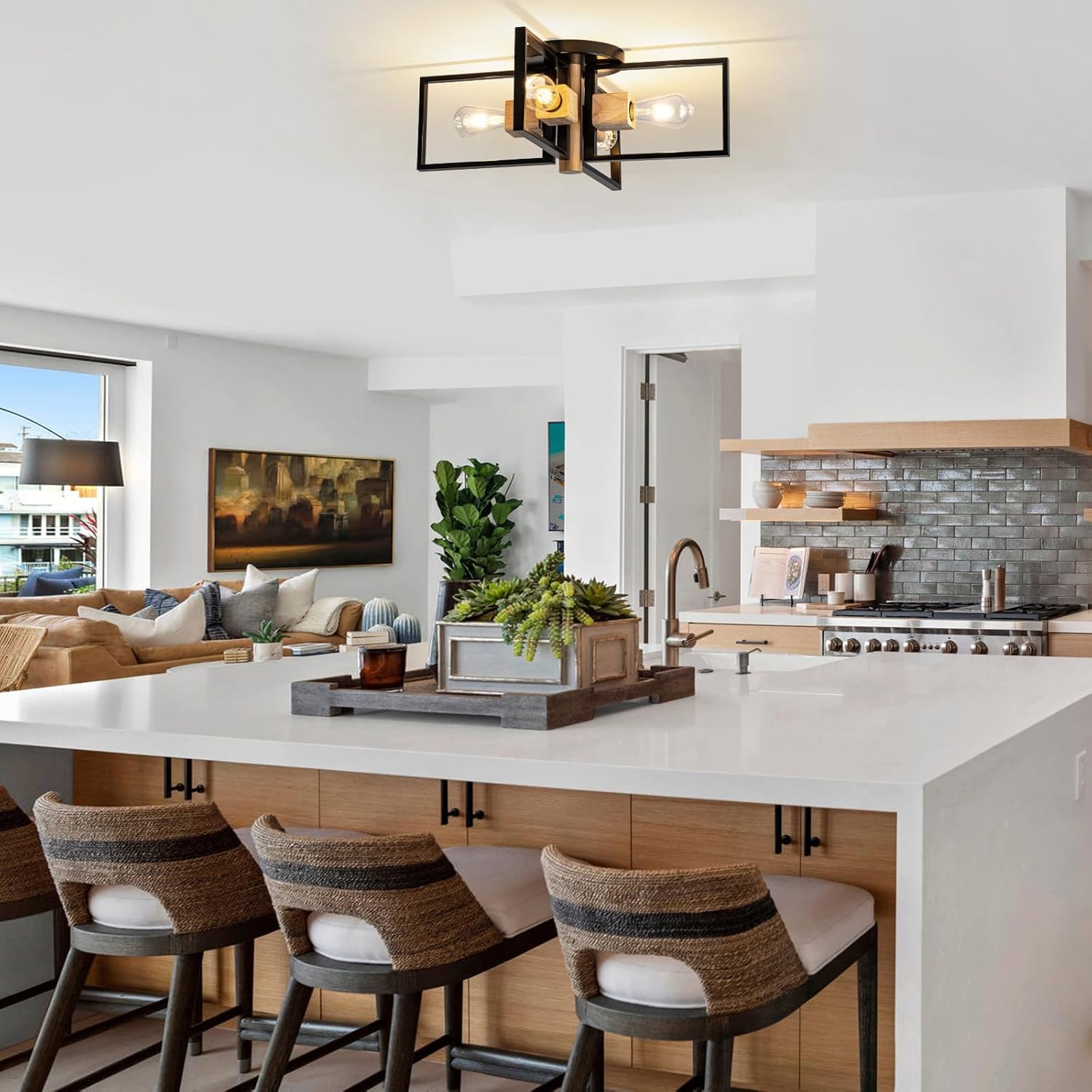 Industrial Ceiling Light Black 4 Light Semi Flush Mount Lights Wood Sputnik Light Fixture 24" Farmhouse Ceiling Light for Kitchen Bedroom Bathroom Foyer Hallway E26