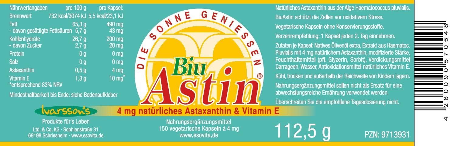 ESOVita BiuAstin aus Hawaii 150 vegetarische Kapseln I 4mg natürliches Astaxanthin - Das Original Ivarssons BiuAstin