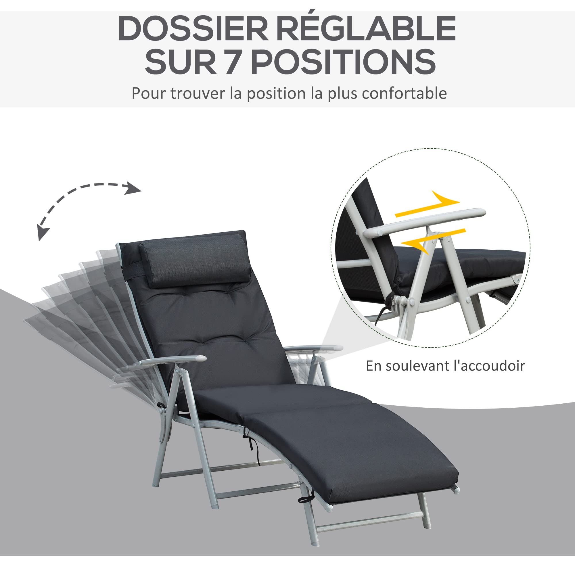 Outsunny Bain de Soleil Pliable Transat 7 Positions Charge 165 kg Noir | Inclinable, Chaise Longue, Dossier, Coussin, Appui-tête, Accoudoirs, Métal Époxy Textilène Polyester, pour Jardin, Piscine