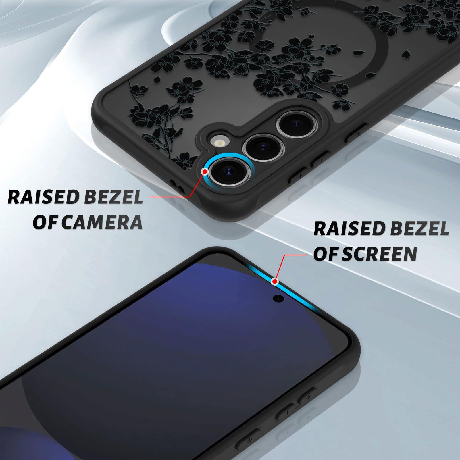 OOK Etui do telefonu Samsung Galaxy S24 FE 6,7 cala (kompatybilne z bezprzewodowym ładowaniem) czarne kwiaty, kwiatowy wzór, półprzezroczyste etui na telefon, miękkie tworzywo TPU + twardy PC, odporne