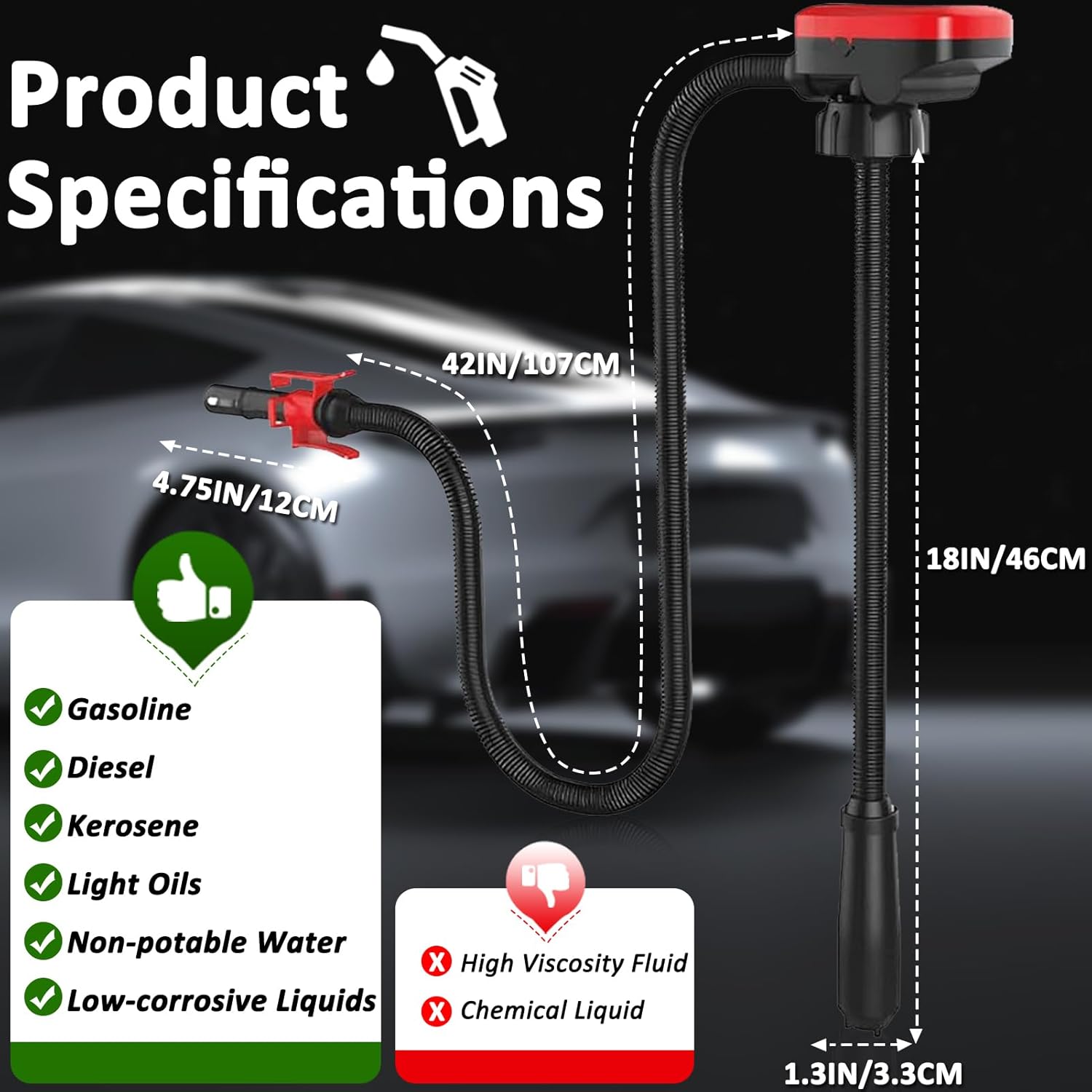 Gas Pump for Gas Can with Auto Shut Off Nozzle, 42-inch Hose AA Battery Powered Gas Can Pump, Electric Fuel Transfer Pump with 3 Adapters, Gas Pump Ideal for Gasoline, Diesel, Kerosene Transfer
