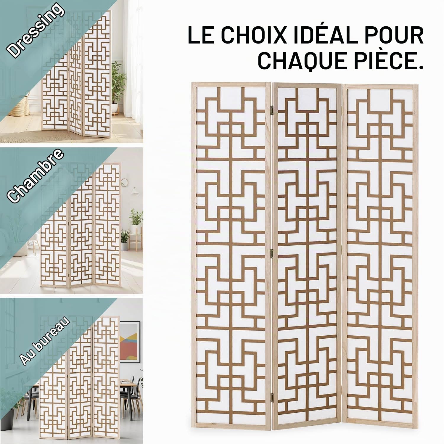 Homestyle4u Shoji 3036 Paravent, 3 pièces, en bois, naturel, brise-vue, indépendant, 120 x 170 cm