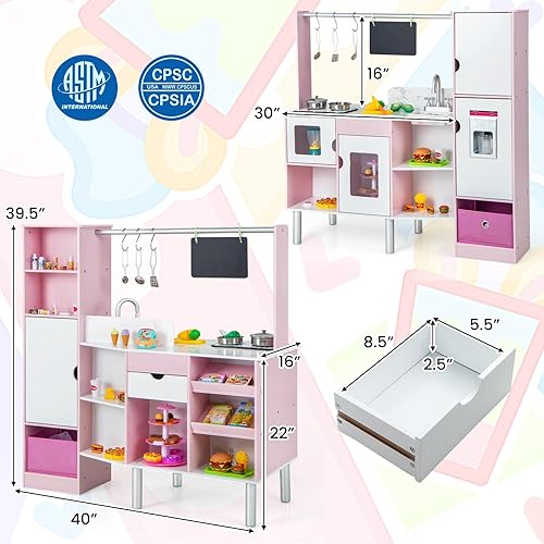 Miniatura 6 de Costzon Juego de cocina 2 en 1 para niños y tienda de comestibles, cocina de juego de simulación de doble cara con luz y sonido, máquina de hielo,