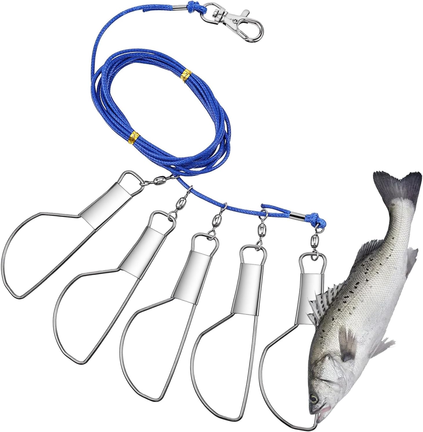 6.5FT Fish Stringer, 5 Stainless Steel Snap Locks, Heavy Duty Ground Anchor, Portable Fishing Stringer for Trout, Perch