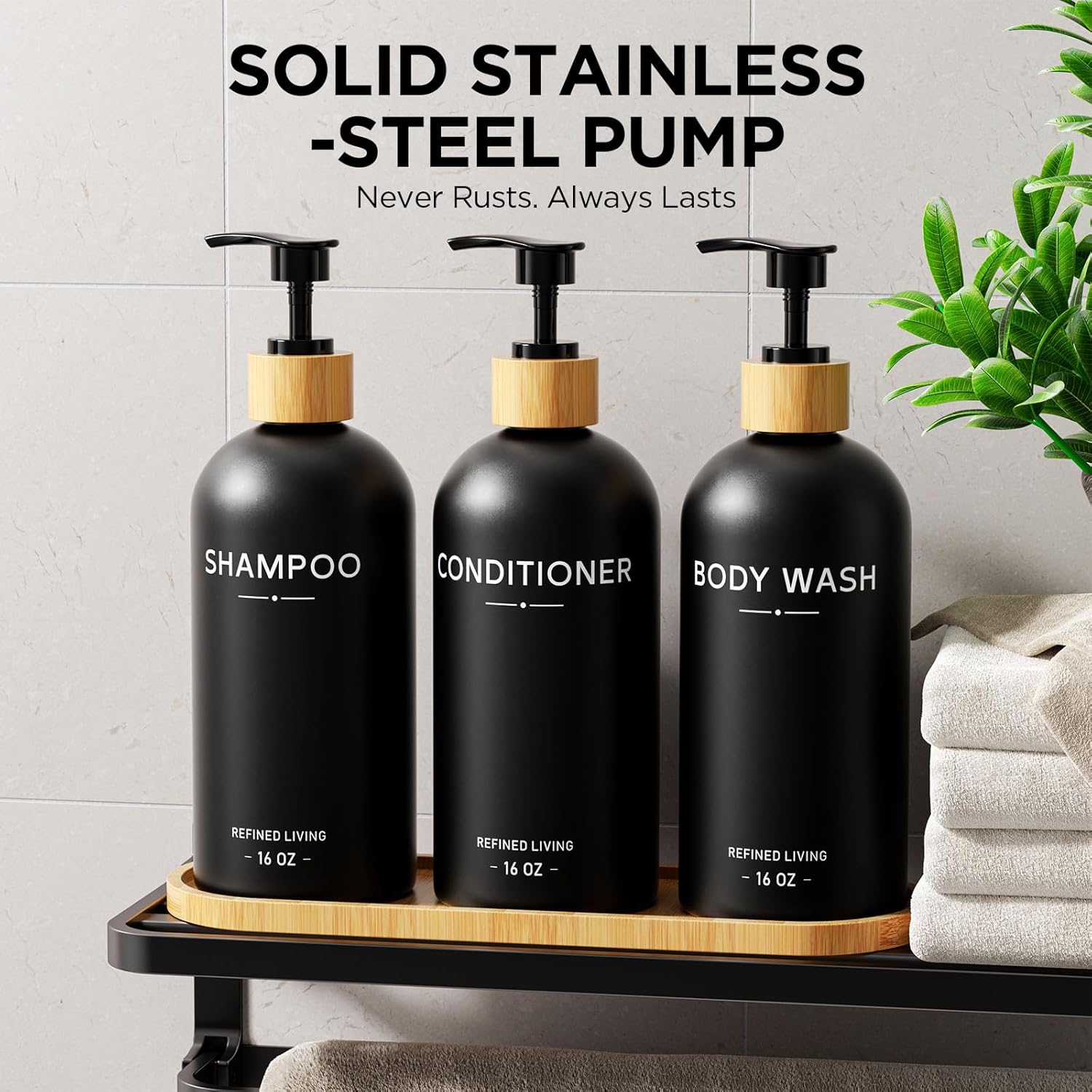 Shampoo and Conditioner Dispenser Set,Shower Soap Dispenser for Bathroom,Refillable Shampoo and Conditioner Bottles with Bamboo Pump and Tray,Soap Dispenser Bathroom for Shower (Black, 3-Pack)