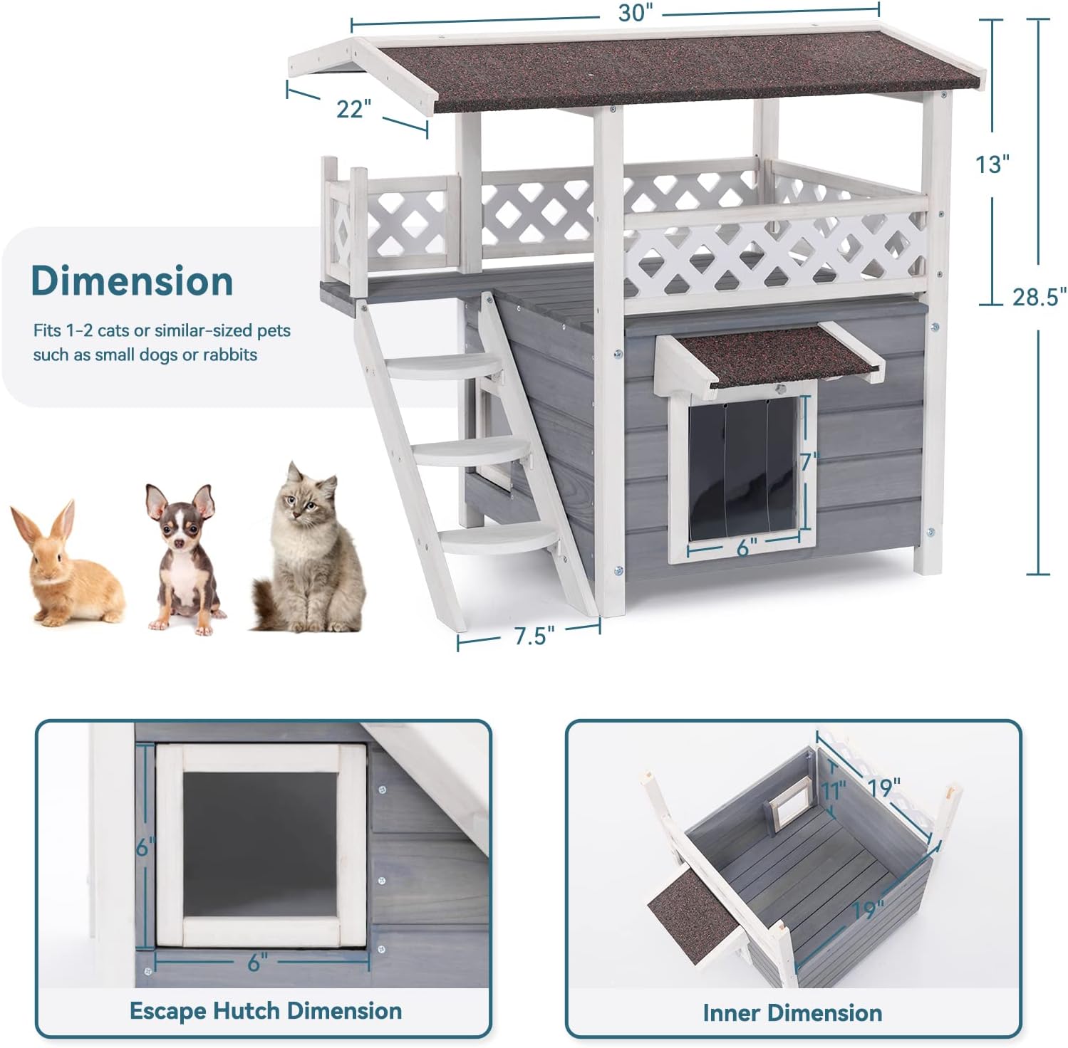 review Petsfit Durable Roof Cat Houses for Outdoor Cats Weatherproof with Escape Door, Stair or Scratch Board, 2 Story Design Perfect for Multi Cats, Outside Cat House Gray