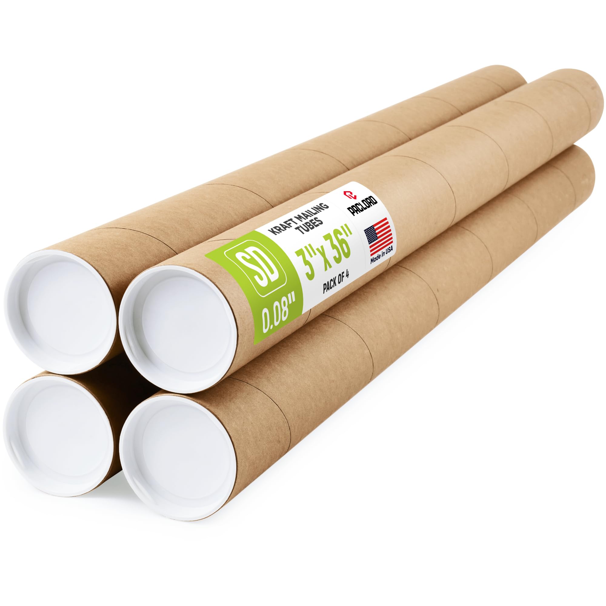 3" x 36" Reinforced Kraft Paper Mailing Tubes, Pack of 4 Tubes with 2 Caps Each – USPS Approved Poster Tube – Made in USA Cardboard Tube for Shipping and Storing Posters, Prints, Artwork, or Documents