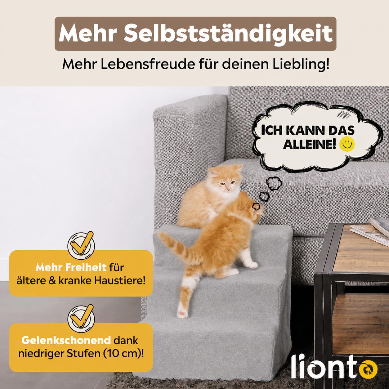lionto Haustiertreppe mit Plüschbezug, 46x36x34 cm, robuste Hundetreppe mit niedriger Stufenhöhe von 10cm, gelenkschonend, Bezug abnehmbar & waschbar, Treppe ist bis 50 kg belastbar, hellgrau