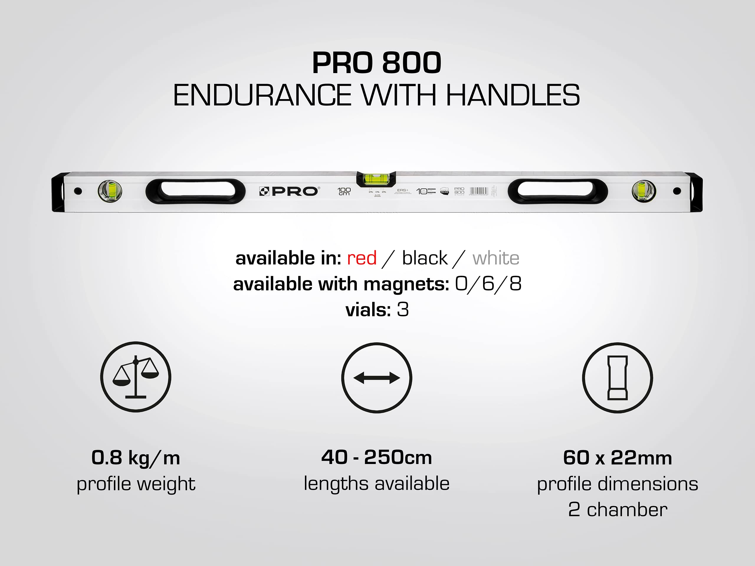 PRO800 Livella a Bolla 200cm fresata su un lato con Profilo Ergonomico - ERS+ (Easy Reading System) Livella bolla e precisa con tappi di chiusura antiurto - Colore Nero