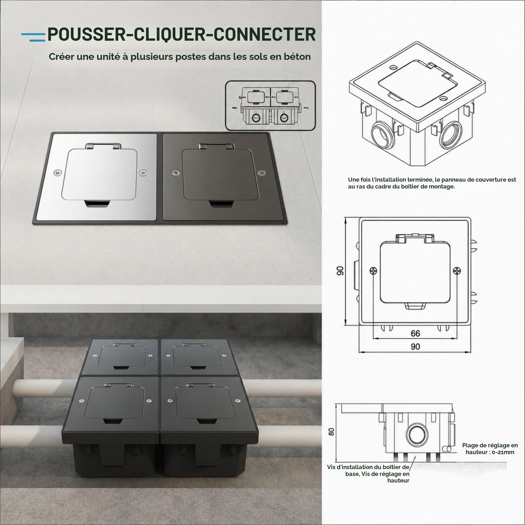 Prise encastrable en acier inoxydable, prise de sol IP44, couvercle à charnière, série AP-1 argenté