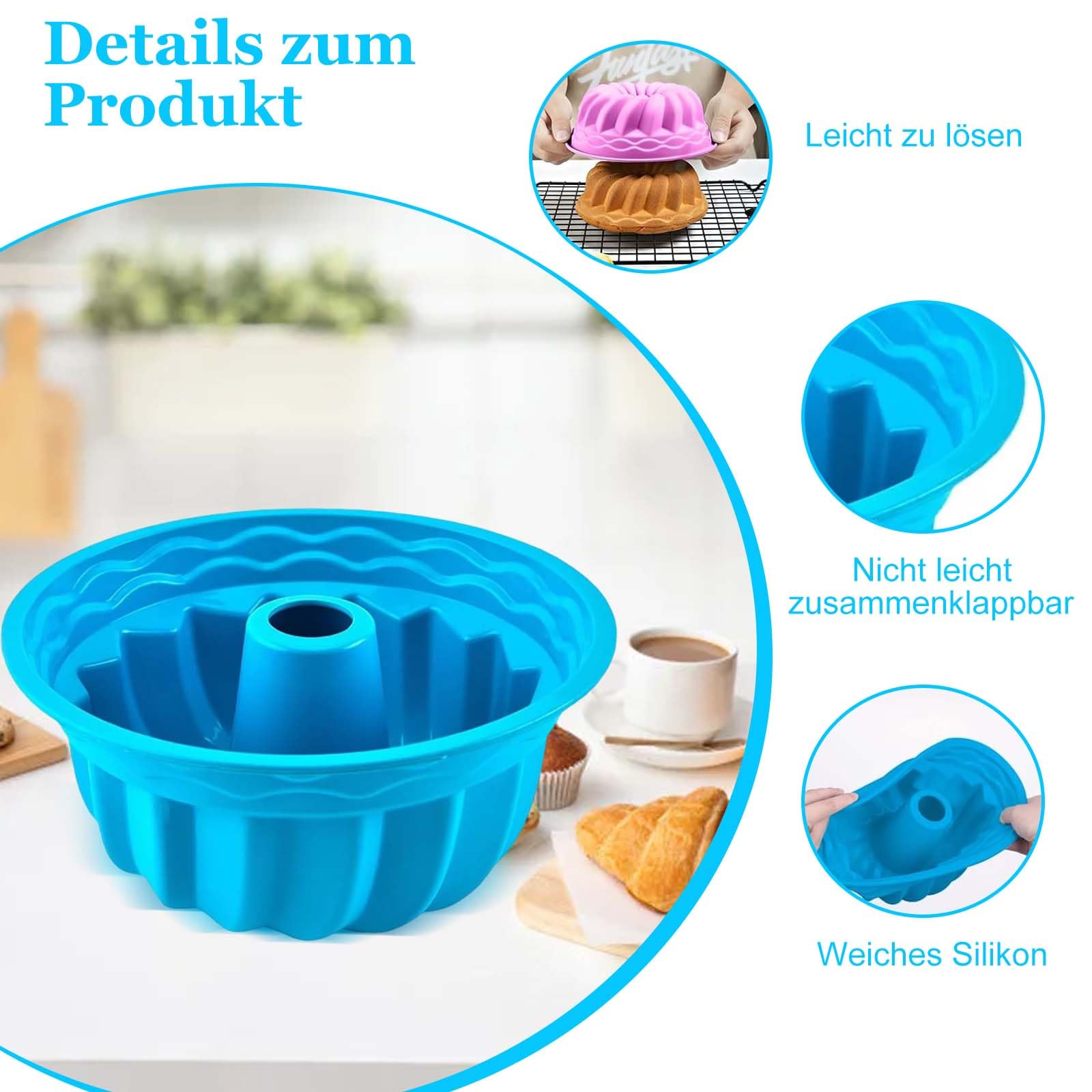 Silikonowa forma do babki, 2 sztuki, forma do pieczenia Ø 16,5 cm, babka, forma do ciasta, wysokiej jakości silikonowa forma do ciasta, wielokrotnego użytku, forma do babki i 1 szpatułka, 1 szczotka
