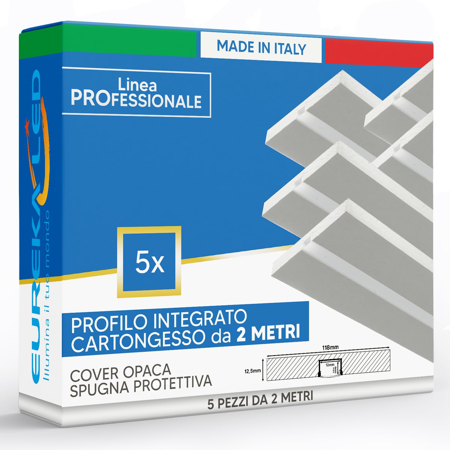 Eurekaled – 5pz Profilo in alluminio per strip led 2mt - Integrato in lastra di cartongesso spessore 12,5mm - Struttura pronta da incasso e montaggio - Taglio di luce con copertura opaca - A scomparsa