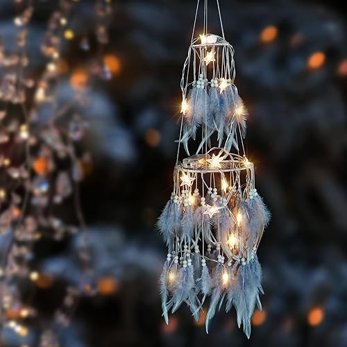 Miniatura 6 de Dremisland Atrapasueños de plumas blancas de doble círculo con luces LED móviles, adornos para colgar en la pared, decoración de techo para
