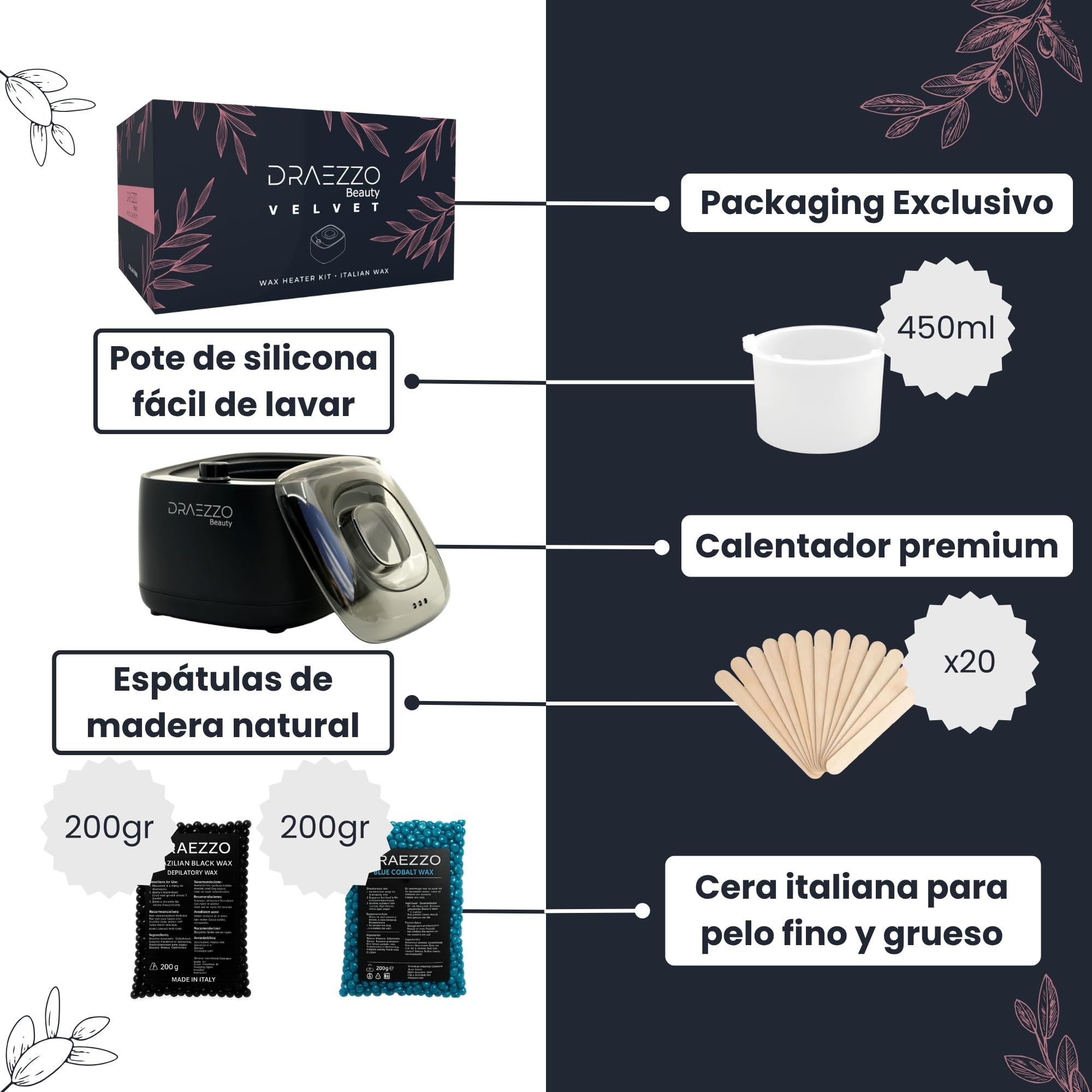 Draezzo Velvet - Calentador de Cera Depilatoria Profesional 450 ml - Kit con Maquina de Cera Caliente para Depilar + Cera Caliente Depilacion Italiana - It’s Time to Shine - Depiladora mujer