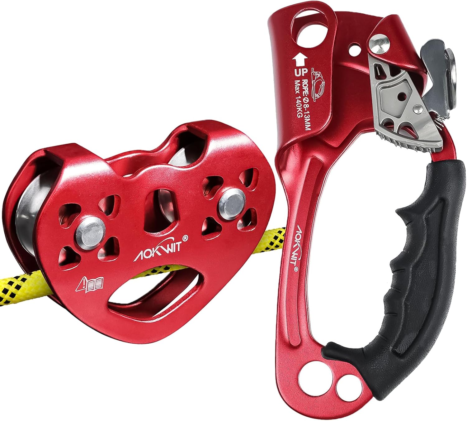 Hand Ascender with Ergonomic Rubber Handle Strong Rappelling Gear Equipment and Zip Line Pulley Durable Aluminum Stainless Steel Roller Double Climbing Pulley for Hauling Rock Climbing Tree Arborist