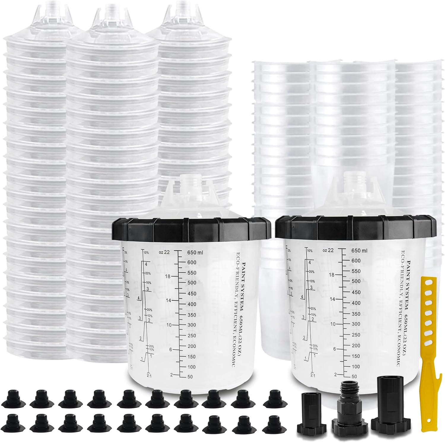 Disposable Paint Cups for Spray Gun 22-Ounce (650ml) Kit, 50 Paint Mixng Cups and Lids, 2 Hard Paint Cup with Retainer Ring and 20 Plugs, 3 Adapters, Stirrer, Automotive Spray Gun Accessories