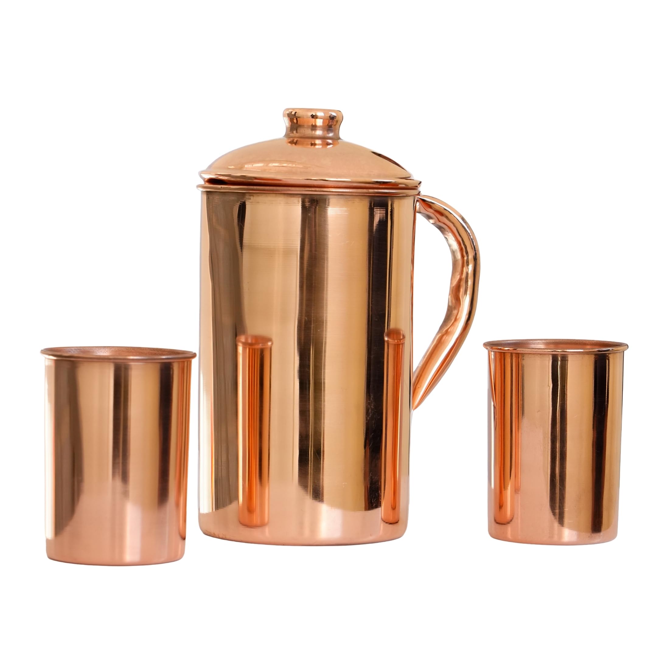 COPPAYA Pure Copper Pitcher and Tumbler Set, 1.5 Litre Jug with 2 Tumblers, 350ml Cups, Plain Smooth Finish, Made in India