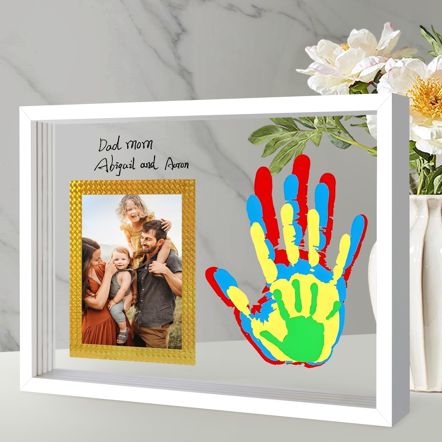 Family Handprint Kit – Horizontal Wooden Frame with 3.5"x5" Photo Space & Keepsake, Larger than Vertical Frames, DIY Baby Footprint Maker, Newborn Gift Set, Gift for Mom, Dad & Grandparents (White)