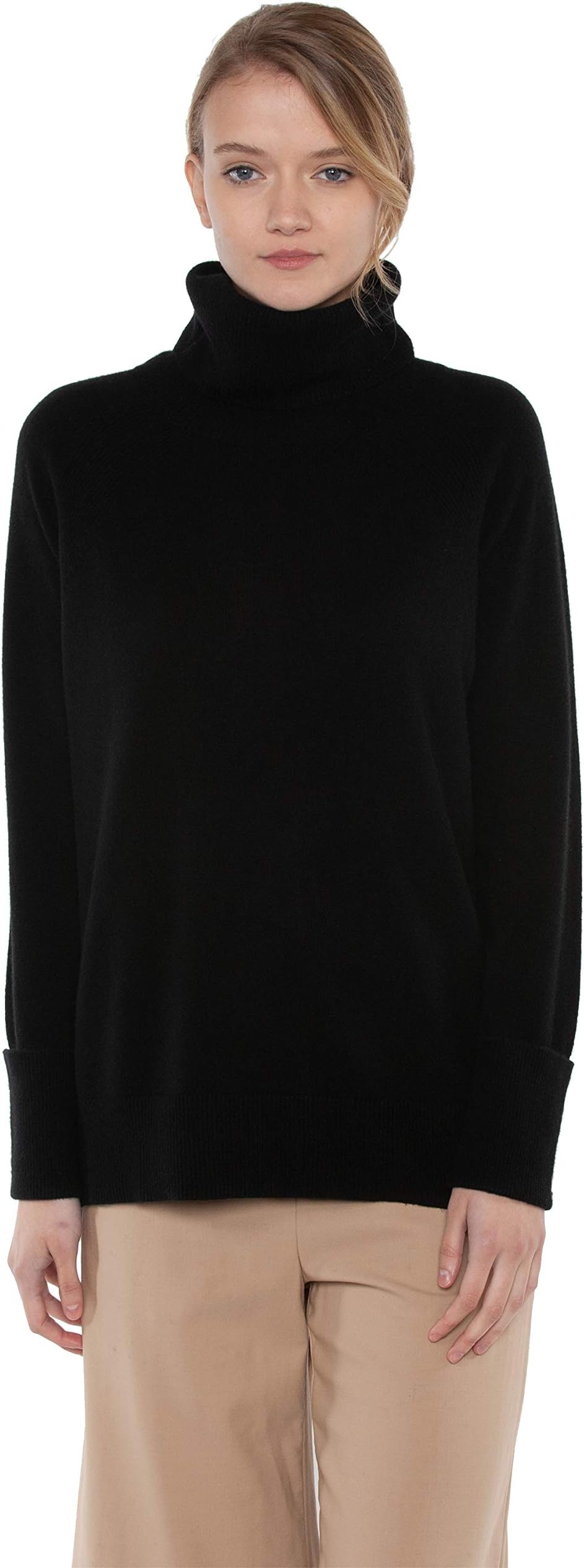 JENNIE LIU Women's 100% Pure Cashmere Cowl-Neck Raglan Tunic High-Low Sweater