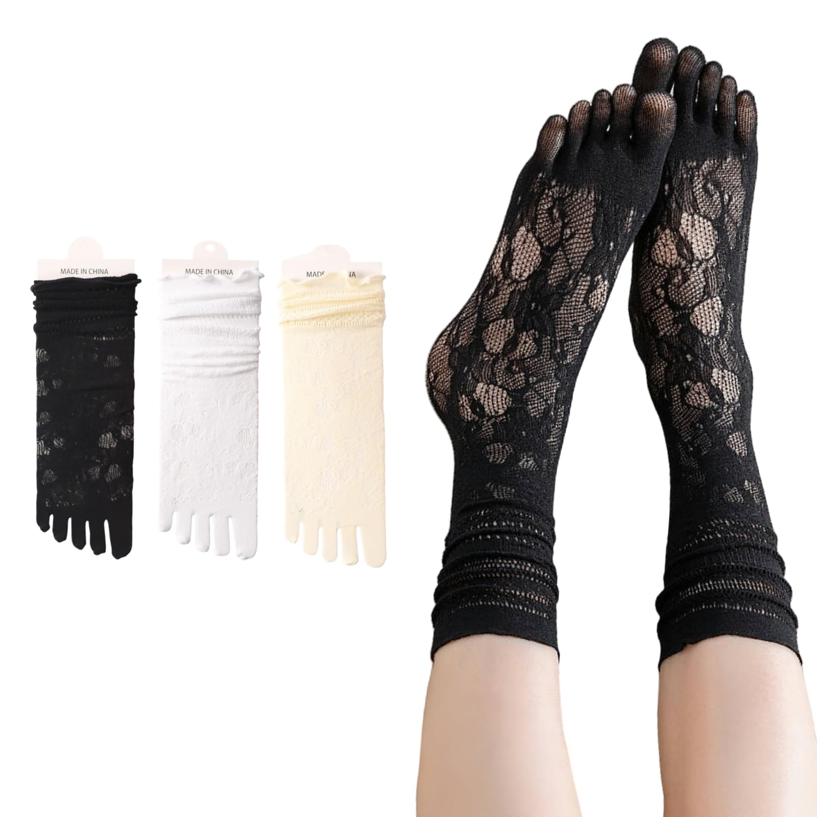 DUOYIJIN Women's Toe Socks 3 Pairs Ladies Five Finger Calf Socks Hollow Out Breathable Cute Casual Lace Ruffle Frilly Separator Sock for Women(3 Colors)