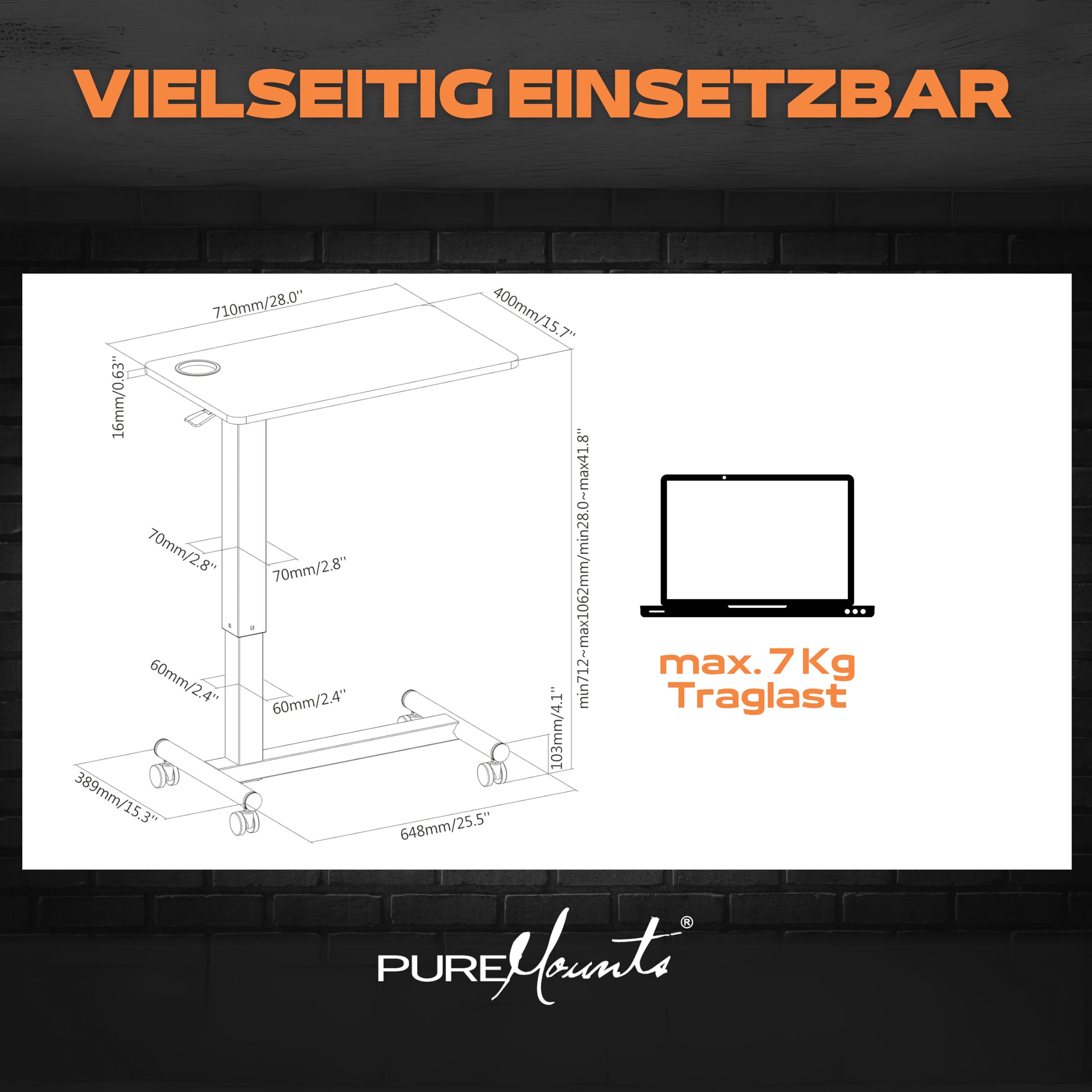 PureMounts® höhenverstellbarer Beistell-Tisch mit Gasdruckfeder, intergierter Getränkehalter, höhenverstellbarer Laptop-Tisch, 71-106 cm, weiß