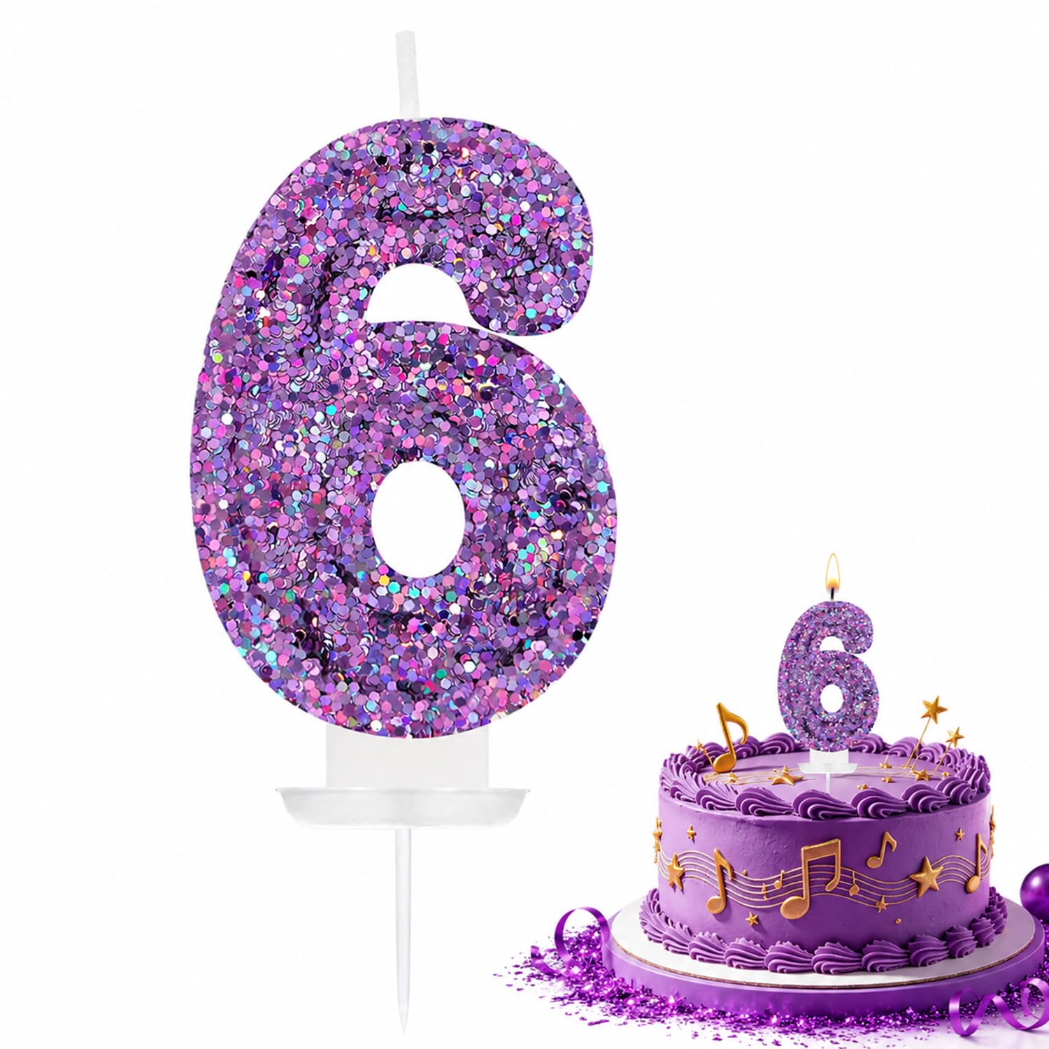 Purple Glitter Sequins Number 6 Birthday Candle, Kpop Themed Cake Topper Decoration, Glitter Purple Number Candle for 6th Birthday Party, Ideal Cake Decor for Girls, Kpop Music Theme Celebrations