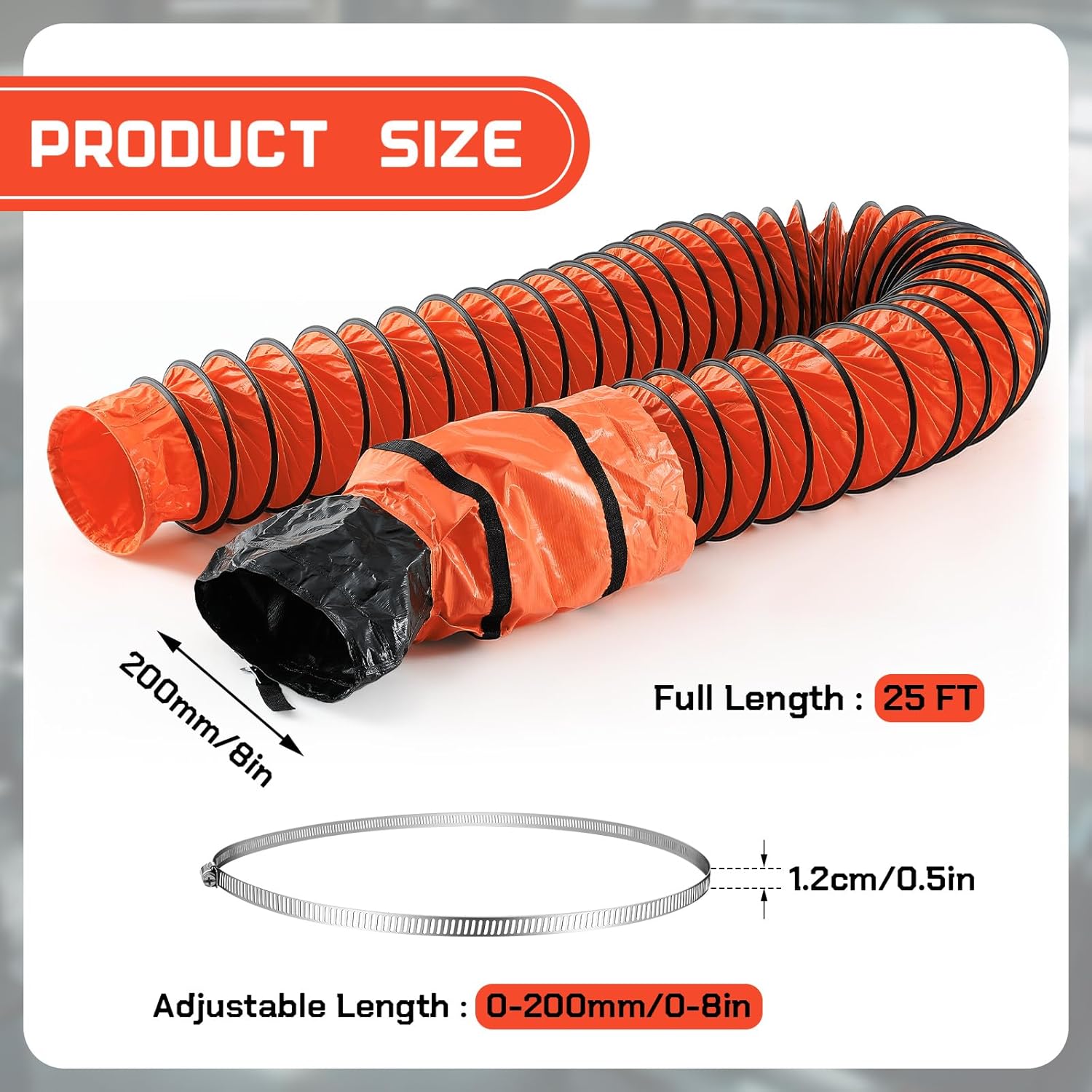 8 Inch 25 ft PVC Flexible Ducting Hose with Connecting Belt Duct Hosing with Stainless Steel Air Ducting Clamps Adjustable Hose Clamps for Exhaust Fan