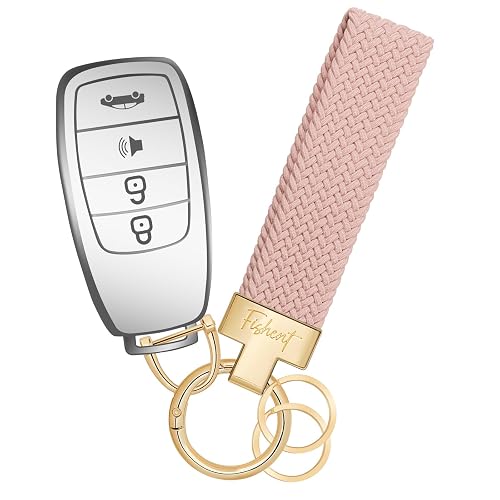 Fishent Stretchy Car Keychain, Nylon Braided Cool Key Chain for Women Men, Universal Key Fob Holder with 3 Keyrings, Anti-Lost D-Ring, Car Accessories, Pink Sand