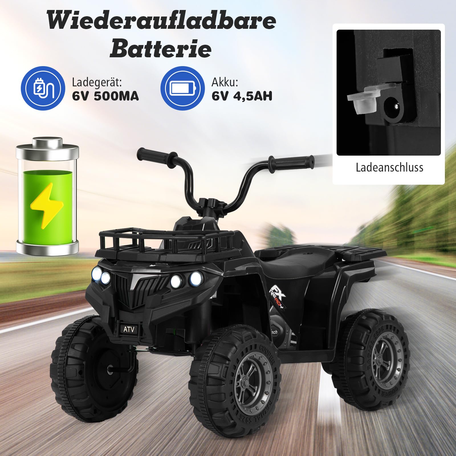 GOPLUS Quad elektryczny dla dzieci 6 V, dla dzieci Ride-On ATV z uruchamianiem jednym przyciskiem, odtwarzacz MP3, reflektory LED i kosz do przechowywania, samochód elektryczny dla chłopców i