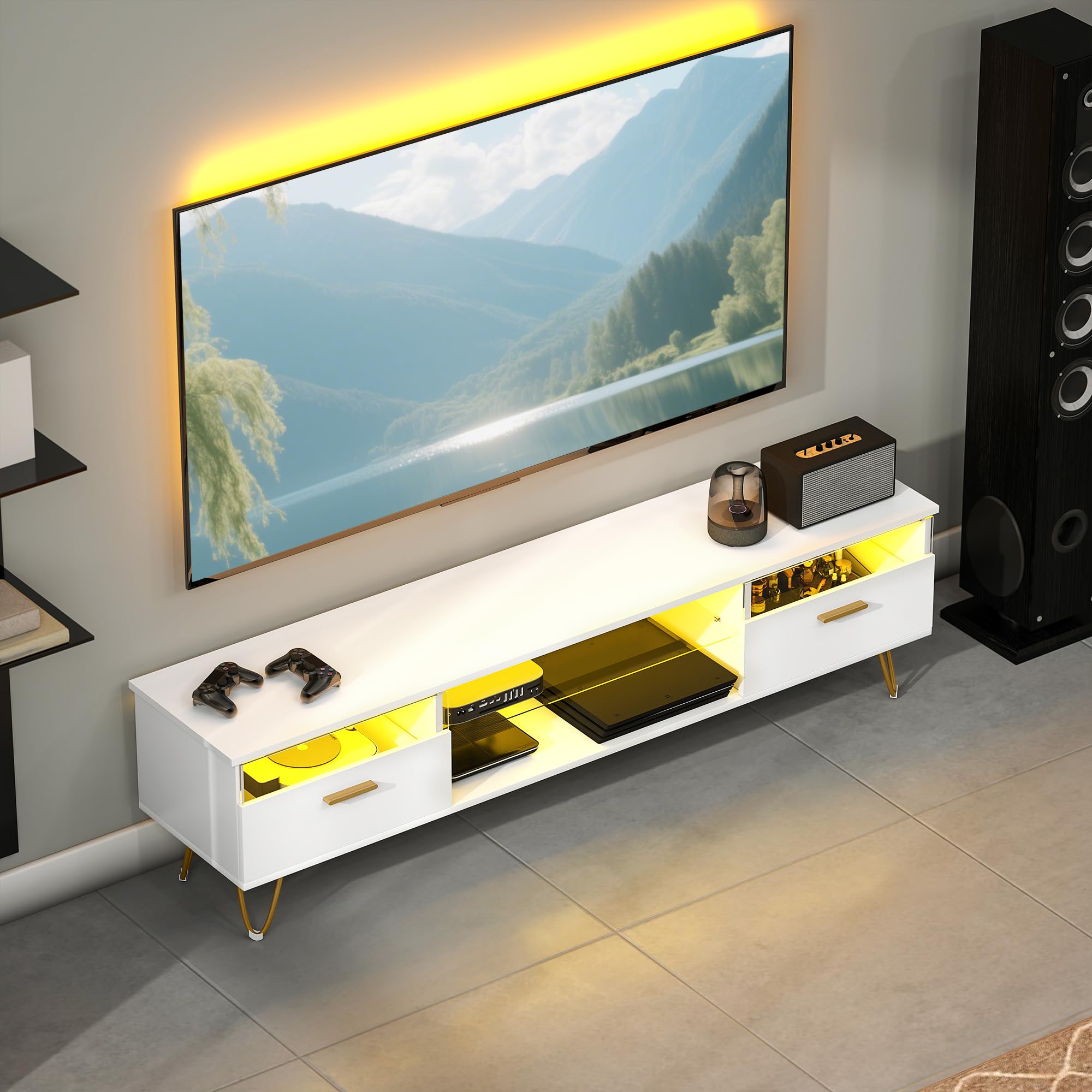 HOMCOM Meuble TV LED RGB 16 Couleurs 42 à 120 Pouces 160x35x42cm Blanc