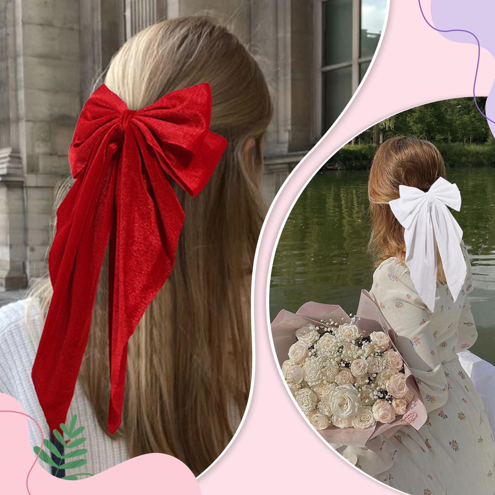 10 grandi fiocchi per capelli per donne e ragazze, in velluto, per ragazze, fiocchi per capelli con coda lunga, accessori per capelli francesi vintage per donne